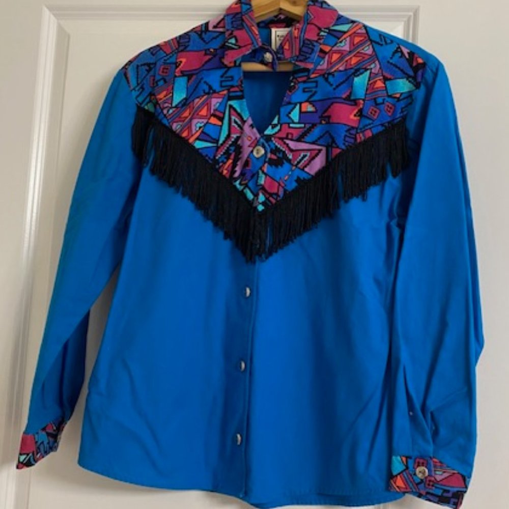 Vintage * GORGEOUS BLACK Fringe TURQUOISE MOSAIC Bodice WESTERN Cowgirl SHIRT* S